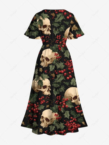 Gothic Plus Size Christmas Holly Skull Print Split Pocket A Line Midi Dress