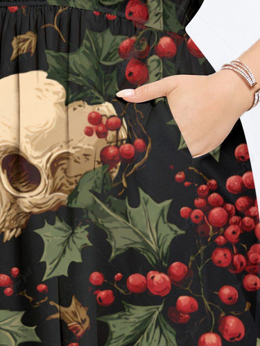 Gothic Plus Size Christmas Holly Skull Print Split Pocket A Line Midi Dress
