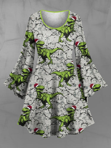 Gothic Plus Size Christmas Hat Dinosaur Branch Print A Line Dress