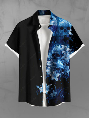 Gothic Plus Size Skulls Flowers Fire Flame Print Buttons Pocket Shirt For Men