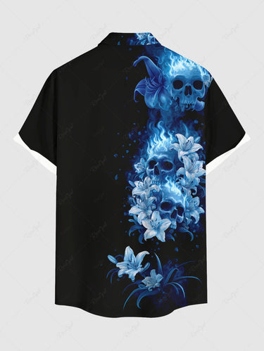 Gothic Plus Size Skulls Flowers Fire Flame Print Buttons Pocket Shirt For Men