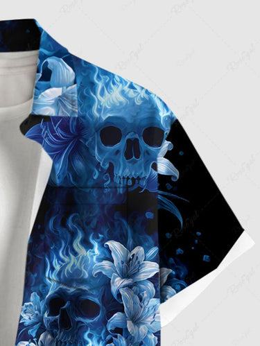 Gothic Plus Size Skulls Flowers Fire Flame Print Buttons Pocket Shirt For Men