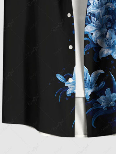 Gothic Plus Size Skulls Flowers Fire Flame Print Buttons Pocket Shirt For Men