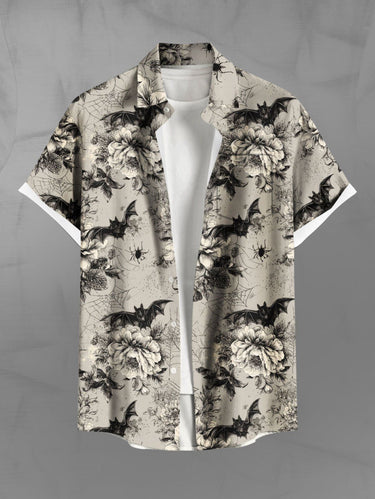 Gothic Plus Size Flowers Bat Spider Web Print Buttons Pocket Shirt For Men