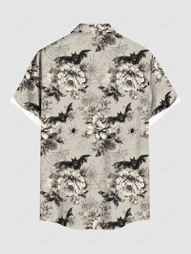 Gothic Plus Size Flowers Bat Spider Web Print Buttons Pocket Shirt For Men