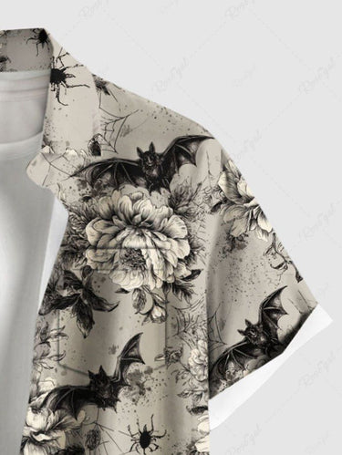 Gothic Plus Size Flowers Bat Spider Web Print Buttons Pocket Shirt For Men
