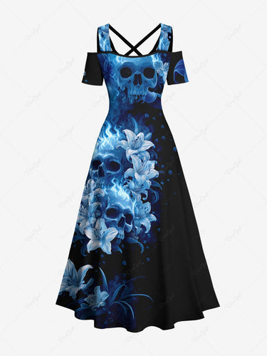 Gothic Plus Size Skulls Flowers Fire Flame Print Cold Shoulder Crisscross Maxi Dress