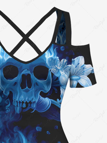 Gothic Plus Size Skulls Flowers Fire Flame Print Cold Shoulder Crisscross Maxi Dress