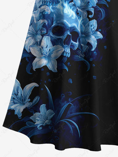 Gothic Plus Size Skulls Flowers Fire Flame Print Cold Shoulder Crisscross Maxi Dress