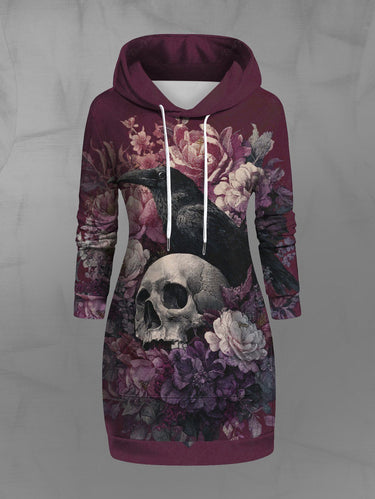 Gothic Plus Size Skull Crow Flowers Print Drawstring Pockets Hoodie