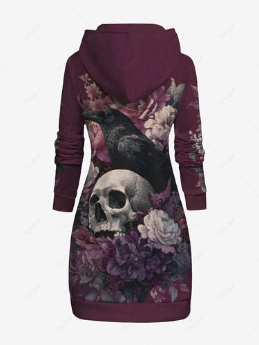 Gothic Plus Size Skull Crow Flowers Print Drawstring Pockets Hoodie