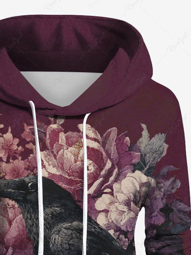 Gothic Plus Size Skull Crow Flowers Print Drawstring Pockets Hoodie