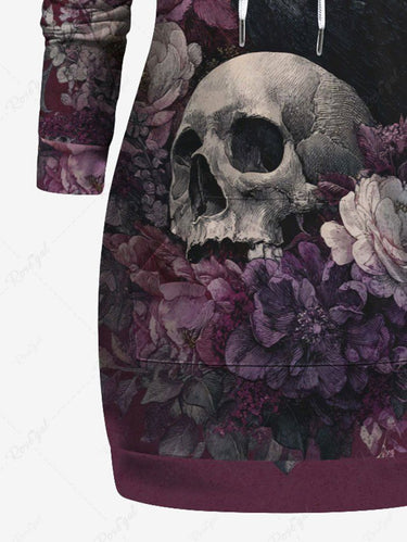 Gothic Plus Size Skull Crow Flowers Print Drawstring Pockets Hoodie