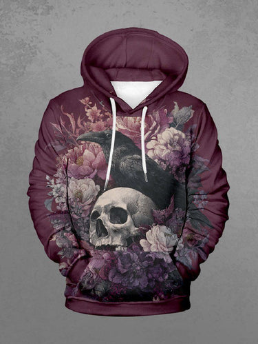 Gothic Plus Size Skull Crow Flowers Print Drawstring Pockets Hoodie For Men