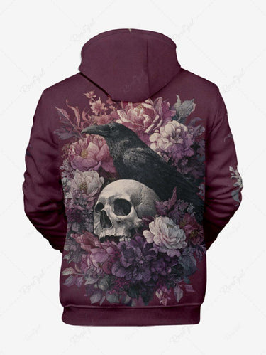 Gothic Plus Size Skull Crow Flowers Print Drawstring Pockets Hoodie For Men