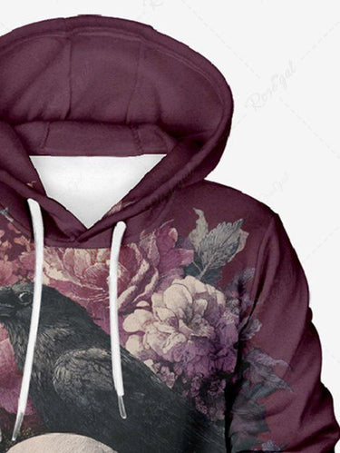 Gothic Plus Size Skull Crow Flowers Print Drawstring Pockets Hoodie For Men