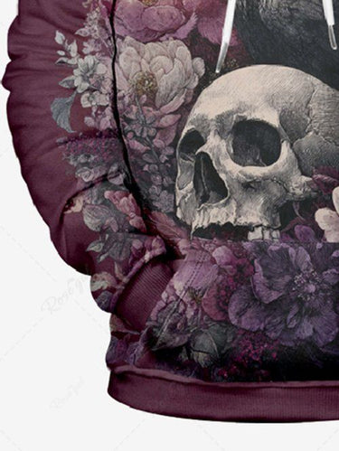 Gothic Plus Size Skull Crow Flowers Print Drawstring Pockets Hoodie For Men