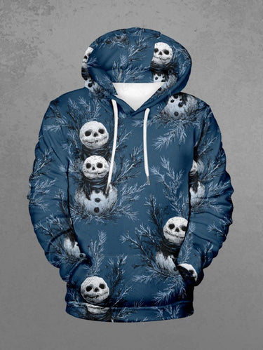 Gothic Plus Size Christmas Skull Snowman Leaf Print Drawstring Hoodie For Men