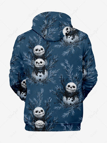 Gothic Plus Size Christmas Skull Snowman Leaf Print Drawstring Hoodie For Men