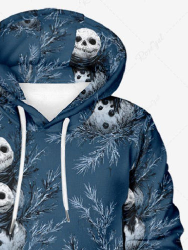 Gothic Plus Size Christmas Skull Snowman Leaf Print Drawstring Hoodie For Men
