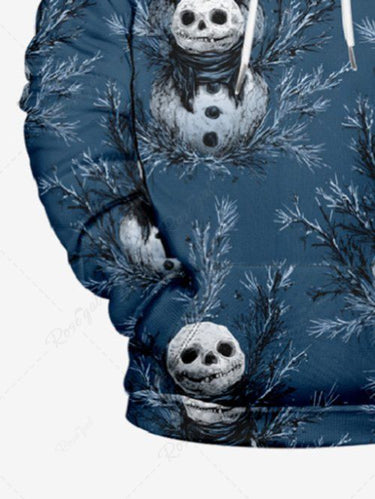 Gothic Plus Size Christmas Skull Snowman Leaf Print Drawstring Hoodie For Men