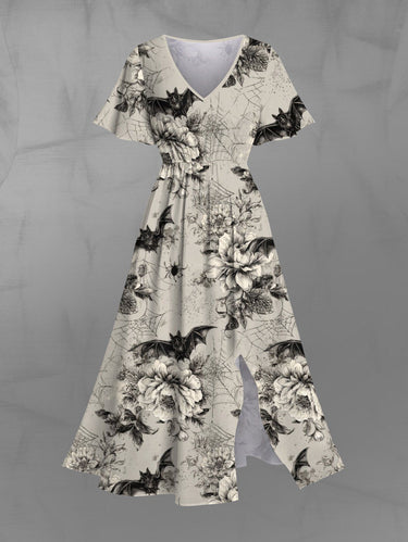 Gothic Plus Size Flowers Bat Spider Web Print Split Midi Dress