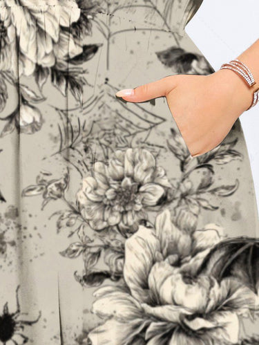 Gothic Plus Size Flowers Bat Spider Web Print Split Midi Dress