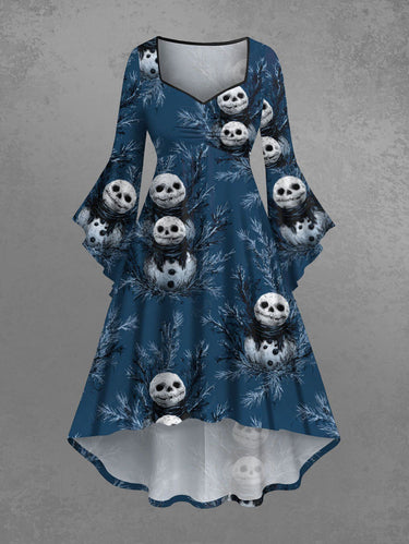 Gothic Plus Size Christmas Skull Snowman Leaf Print Ruched Flare Sleeves High Low Dress