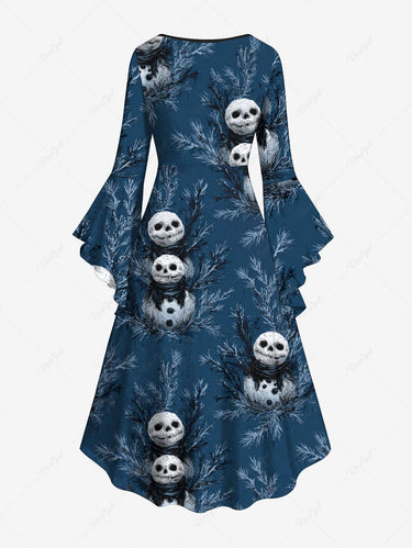Gothic Plus Size Christmas Skull Snowman Leaf Print Ruched Flare Sleeves High Low Dress