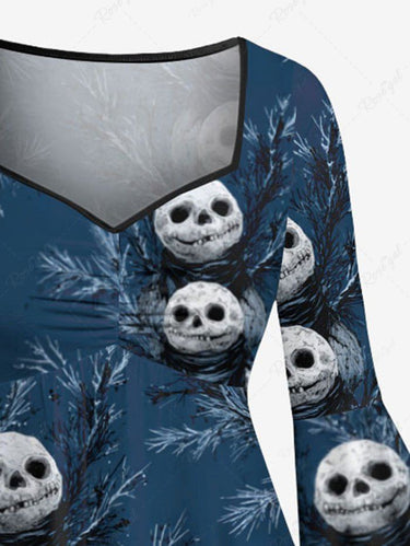 Gothic Plus Size Christmas Skull Snowman Leaf Print Ruched Flare Sleeves High Low Dress