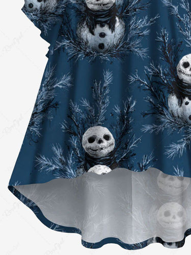 Gothic Plus Size Christmas Skull Snowman Leaf Print Ruched Flare Sleeves High Low Dress