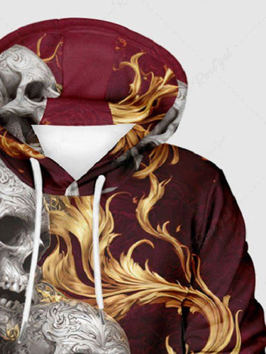 Gothic Plus Size Skulls Fire Flame Print Drawstring Pockets Hoodie For Men