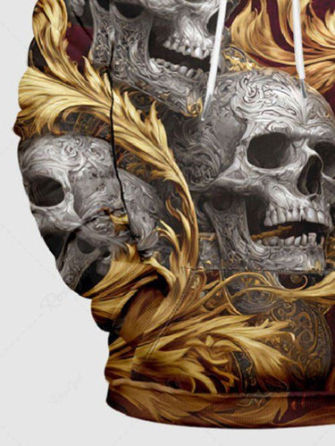 Gothic Plus Size Skulls Fire Flame Print Drawstring Pockets Hoodie For Men