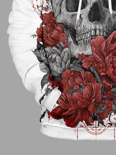 Gothic Plus Size Skull Flowers Print Drawstring Pockets Hoodie For Men