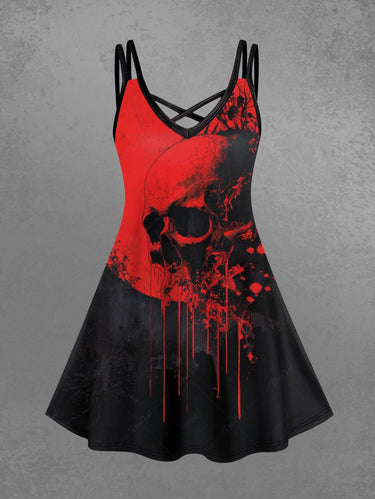 Gothic Plus Size Skull Paint Drop Colorblock Print Crisscross Cami Dress