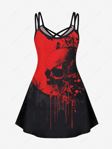 Gothic Plus Size Skull Paint Drop Colorblock Print Crisscross Cami Dress