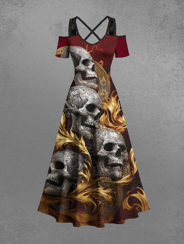 Gothic Plus Size Skulls Fire Flame Print Cold Shoulder Crisscross Maxi Dress