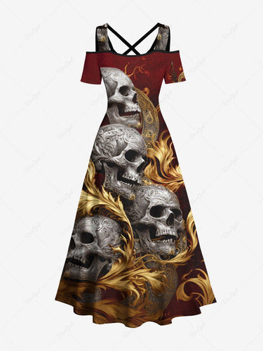 Gothic Plus Size Skulls Fire Flame Print Cold Shoulder Crisscross Maxi Dress