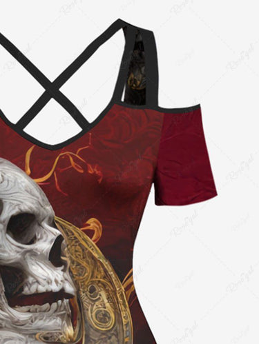Gothic Plus Size Skulls Fire Flame Print Cold Shoulder Crisscross Maxi Dress