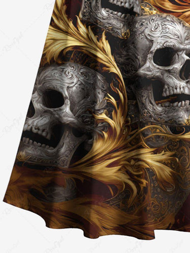 Gothic Plus Size Skulls Fire Flame Print Cold Shoulder Crisscross Maxi Dress