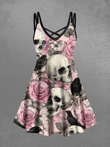 Gothic Plus Size Skull Rose Flower Crow Print Crisscross Cami Dress
