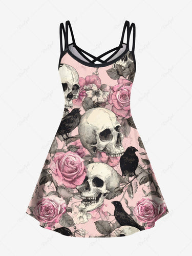 Gothic Plus Size Skull Rose Flower Crow Print Crisscross Cami Dress