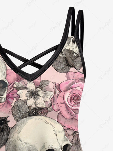 Gothic Plus Size Skull Rose Flower Crow Print Crisscross Cami Dress