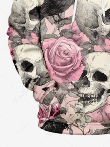 Gothic Plus Size Skull Rose Flower Crow Print Drawstring Pocket Hoddie For Men