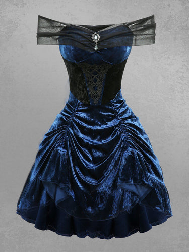 Gothic Off The Shoulder Applique Ruched Cinched A Line Velvet Dress