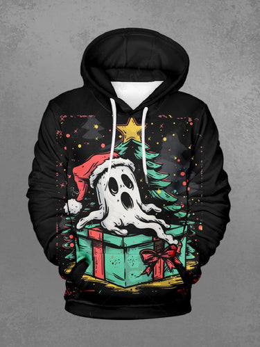 Gothic Plus Size Christmas Tree Star Ghost Hat Gift Box Print Drawstring Pockets Hoodie For Men