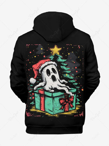 Gothic Plus Size Christmas Tree Star Ghost Hat Gift Box Print Drawstring Pockets Hoodie For Men