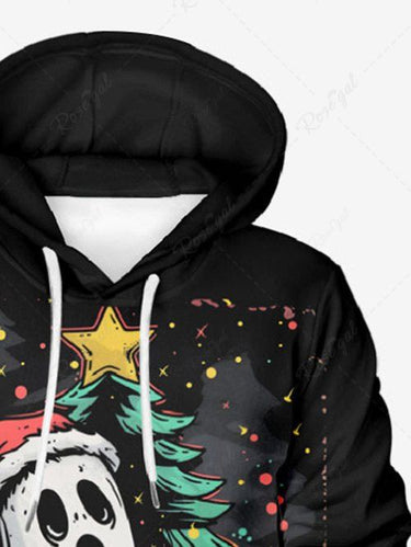 Gothic Plus Size Christmas Tree Star Ghost Hat Gift Box Print Drawstring Pockets Hoodie For Men