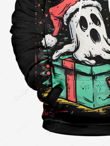 Gothic Plus Size Christmas Tree Star Ghost Hat Gift Box Print Drawstring Pockets Hoodie For Men