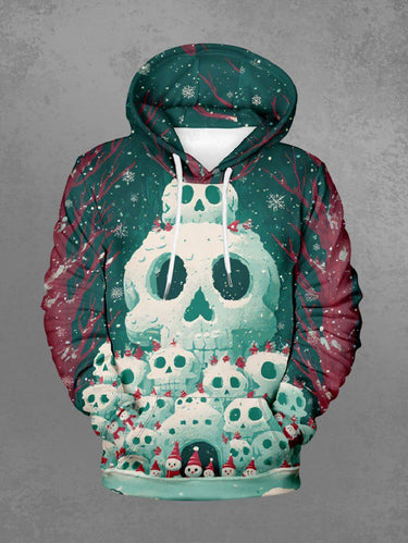 Gothic Plus Size Christmas Skulls Snowman Snowflake Tree Print Drawstring Pockets Hoodie For Men